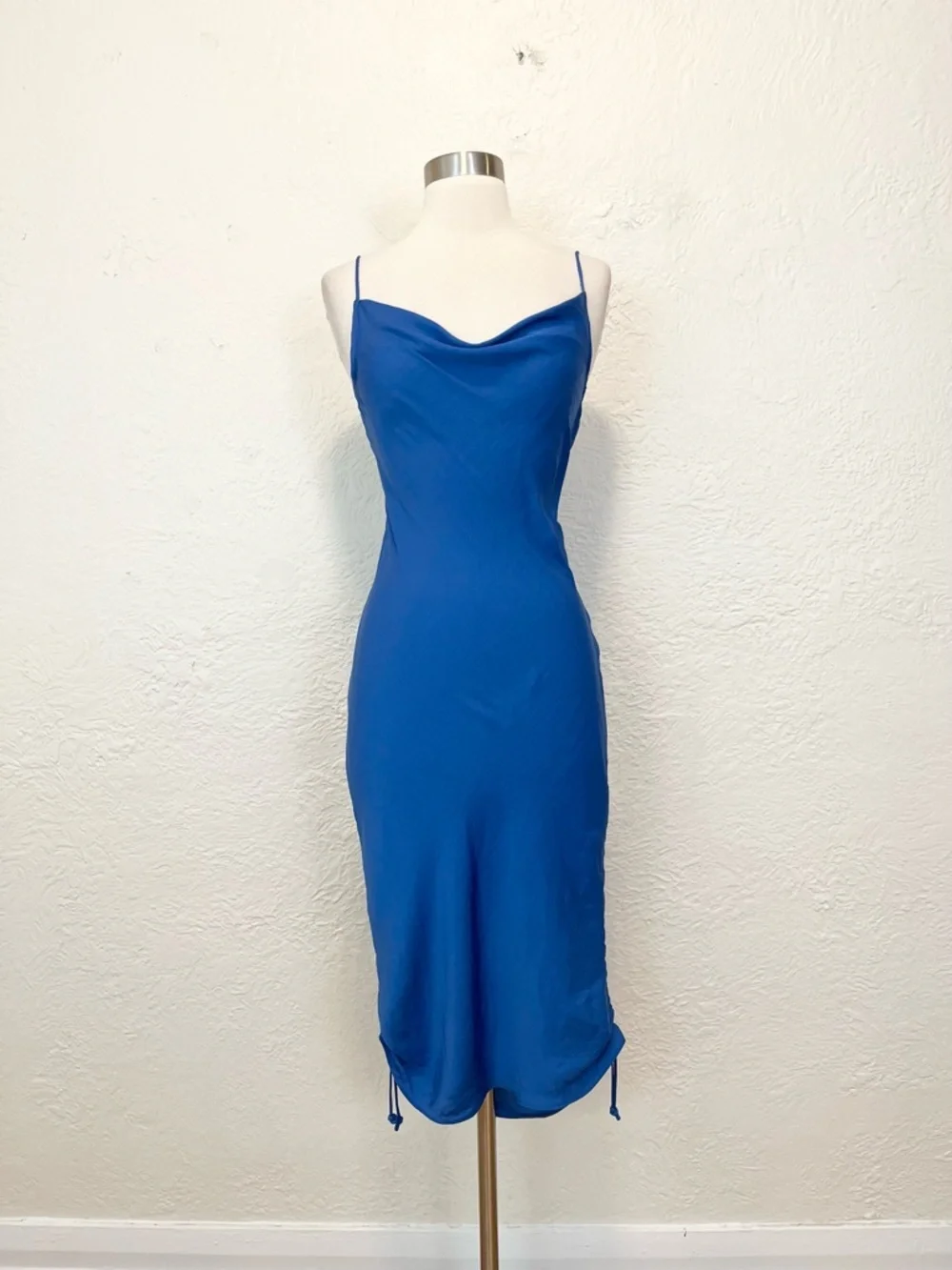 Intimately Free People Slip Dress Blue Satin Ruched Convertible Midi Mini XS